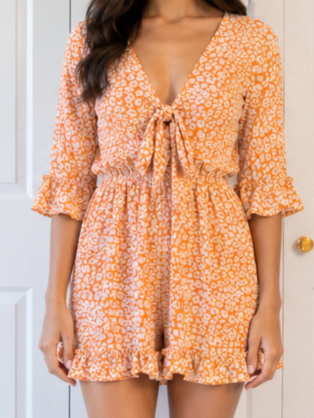 HYFVE Orange Leopard Print Tie Front Romper Ruffle Boho Festival Chic